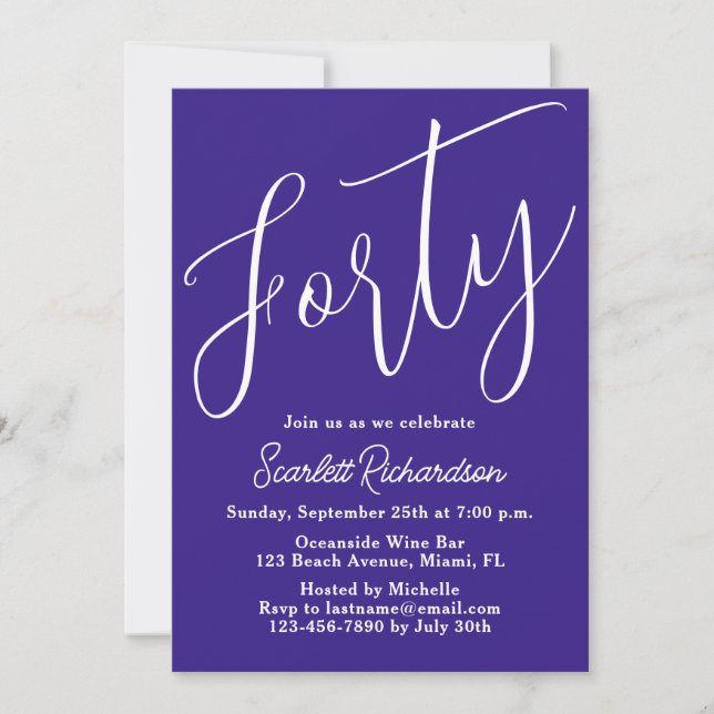 Invitation Quarante Script moderne violet 40e fête d'annivers (Devant)