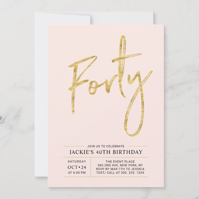 Invitation Quarante | Soirée moderne Gold & Pink 40e annivers (Devant)