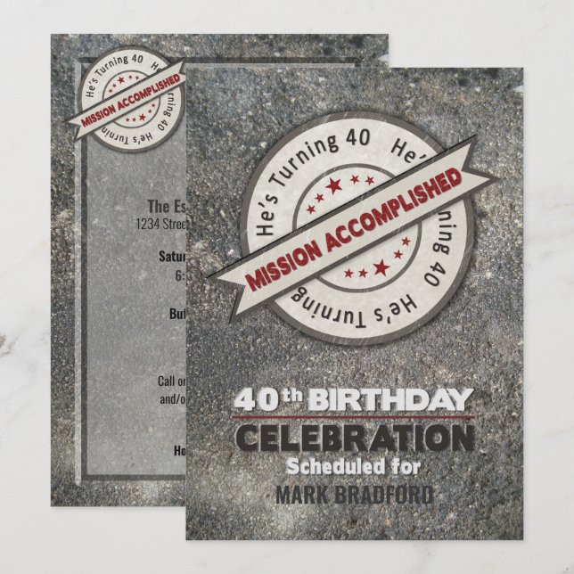 Invitation quarantième Anniversaire, mission accomplie, (Devant / Derrière)