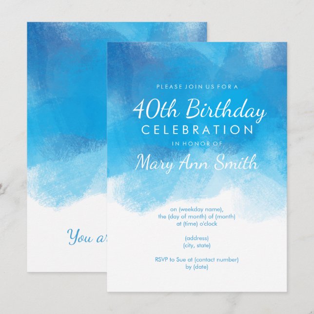 Invitation Quarantième aquarelle simple de bleu de fête (Devant / Derrière)
