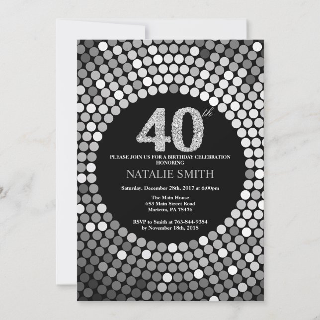 Invitation quarantième Noir d'invitation d'anniversaire et (Devant)
