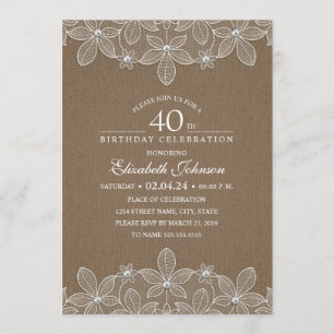 Invitation quarantième Perles et dentelle rustiques de toile