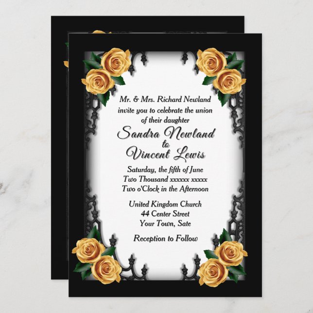 Invitation Quartier français Goth 4 Corner Rose jaune Mariage (Devant / Derrière)