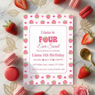 Invitation Quatre ans à jamais douce Fille aux fraises roses 