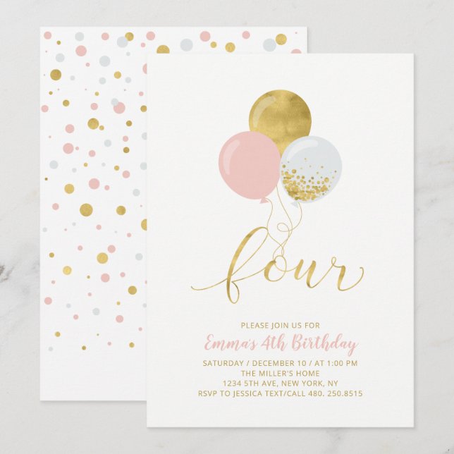 Invitation Quatre Ballons roses et or Fille 4e fête d'anniver (Devant / Derrière)
