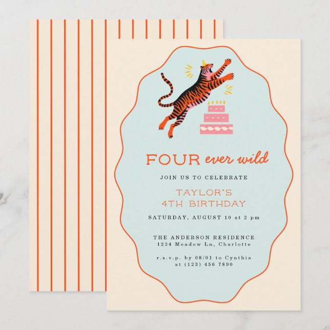 Invitation Quatre enfants de Tigre sauvage 4e anniversaire (Devant / Derrière)