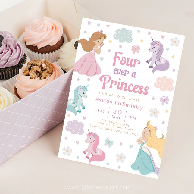 Invitation Quatre Ever Princess. Pour toujours une (Princess and Unicorn Rainbow 4th Birthday Invitation)