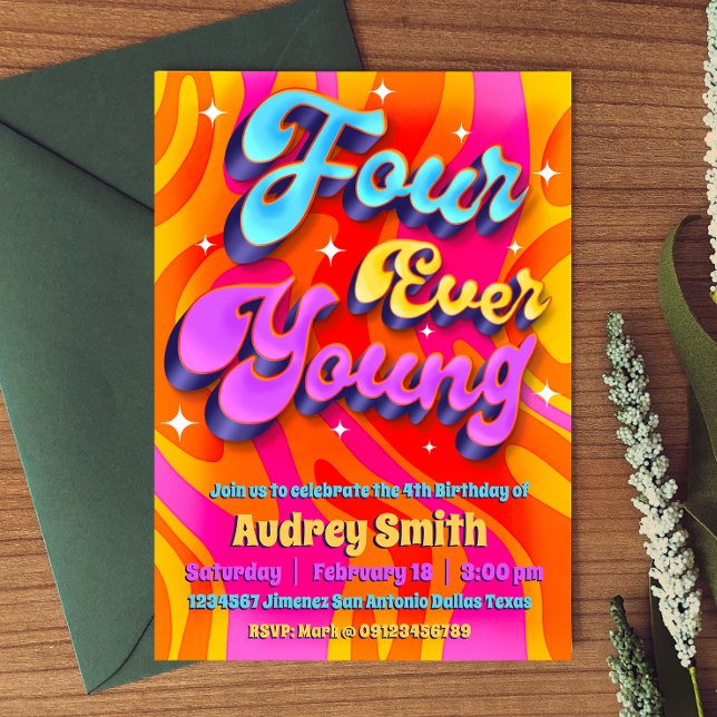 Invitation Quatre Ever Young 4e anniversaire (Four Ever Young 4th Birthday Groovy Retro Invitation
)