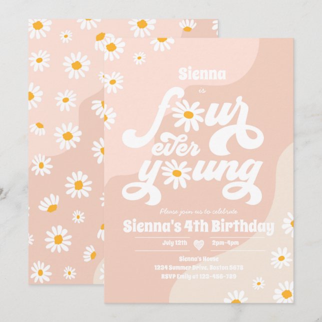 Invitation Quatre Ever Young 4e anniversaire fête Boho Daisy (Devant / Derrière)