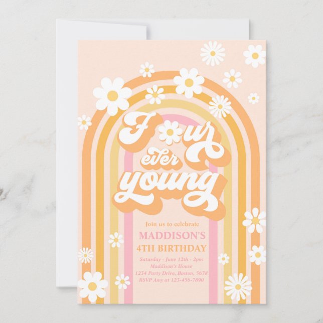 Invitation Quatre Ever Young Boho Daisy Rainbow 4e anniversai (Devant)