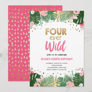 Invitation Quatre Fille Safari Tropical Sauvage Anniversaire