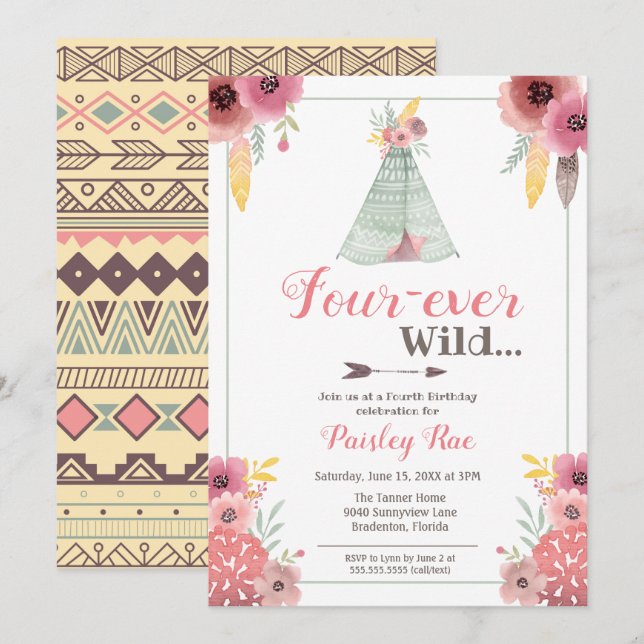 Invitation Quatre filles de Boho sauvage Quatrième anniversai (Devant / Derrière)
