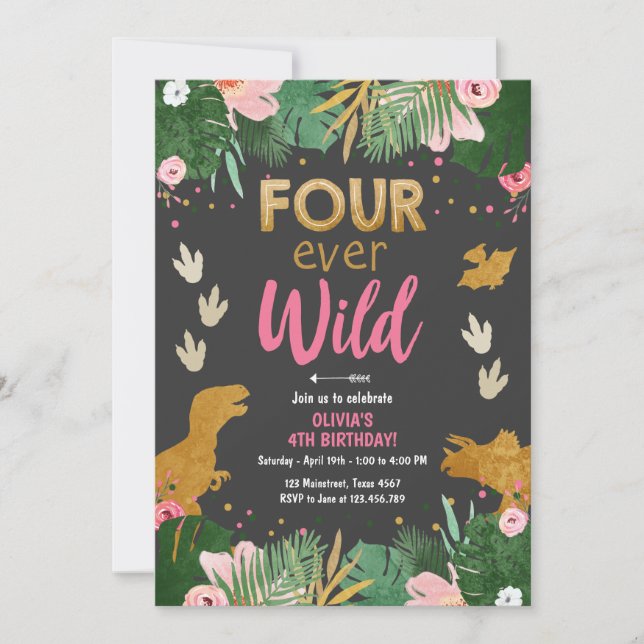 Invitation Quatre filles dinosaures roses de Dino folle (Devant)