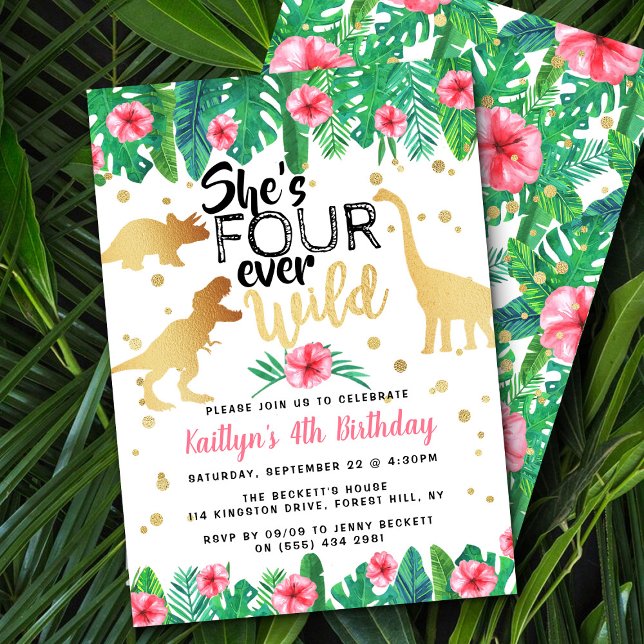 Invitation Quatre filles dinosaures sauvages de tous les jour (Créateur téléchargé)