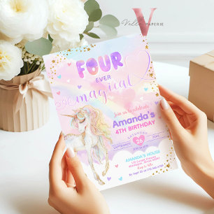 Invitation QUATRE fois Magique Arc-en-ciel Unicorn Or Anniver
