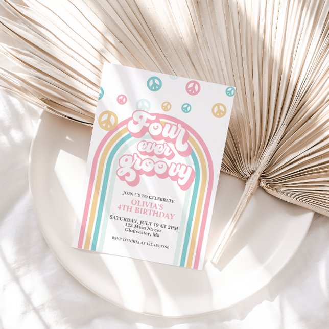 Invitation Quatre fois plus funky Anniversaire Retro Rainbow  (Créateur téléchargé)