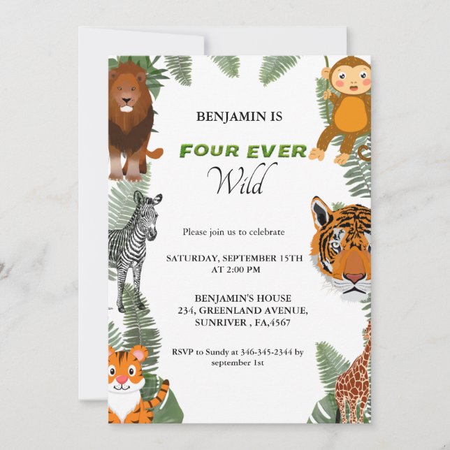 Invitation Quatre fois safari sauvage fête de 4ème anniversai (Devant)