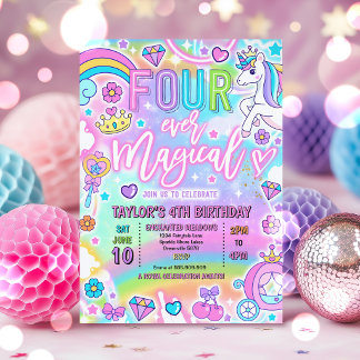 Invitation Quatre fois un anniversaire de princesse féerique 