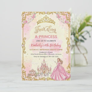 Invitation Quatre fois une princesse Fille rose 4ème fête d'a