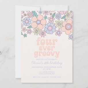 Invitation Quatre Forever Groovy Retro Floral 4ème anniversai