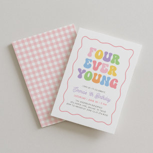 Invitation Quatre Forever Young Pink Gingham Girls 4ème Anniv