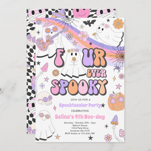 Invitation Quatre Halloween Éffrayant Fantôme Super Anniversa (Devant / Derrière)