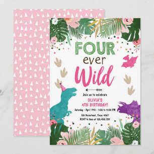 Invitation Quatre jamais Fille Dino Wild Dinosaure rose Anniv