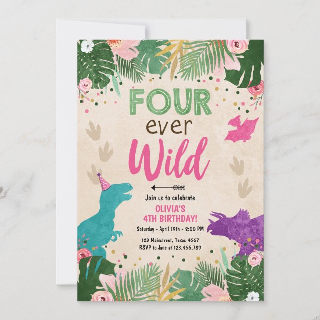 Invitation Quatre jamais Fille Dino Wild Dinosaure rose Anniv (Devant)
