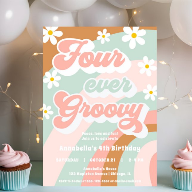 Invitation QUATRE jamais super Retro 4ème anniversaire fille (Créateur téléchargé)