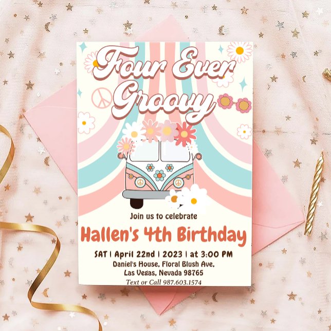 Invitation Quatre jamais Super Retro Boho Rainbow 4e annivers (Créateur téléchargé)