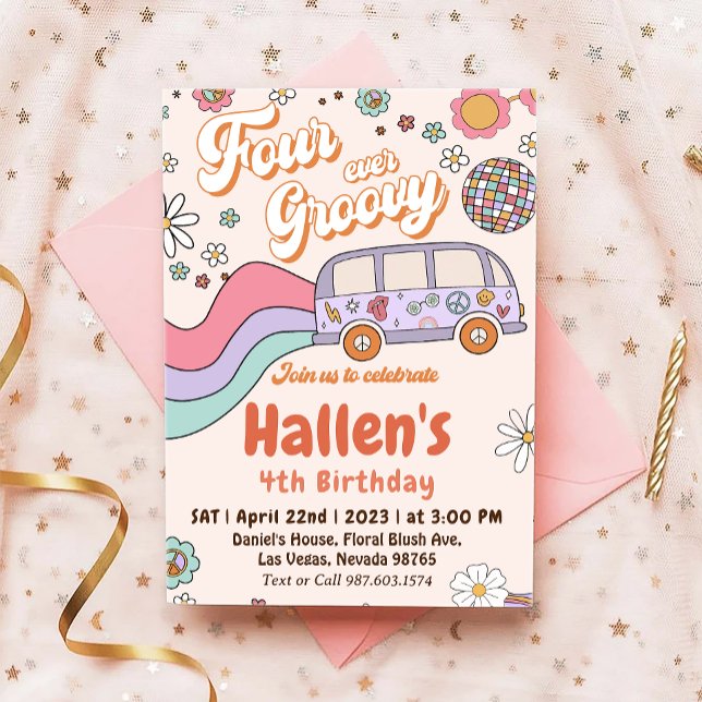 Invitation Quatre jamais Super Retro Boho Rainbow 4e annivers (Créateur téléchargé)