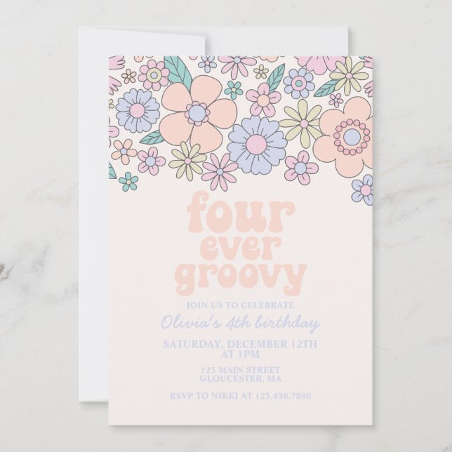 Invitation Quatre jamais Super Retro Floral 4e anniversaire (Devant)