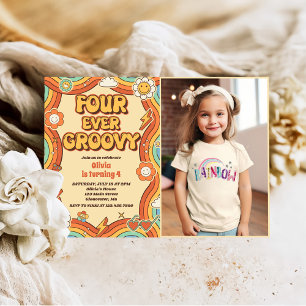 Invitation Quatre jamais Super Retro Rainbow 4th Birday Photo
