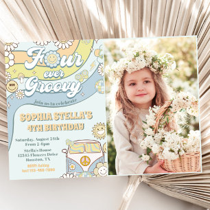 Invitation Quatre jamais Super Retro Rainbow 4th Birday Photo
