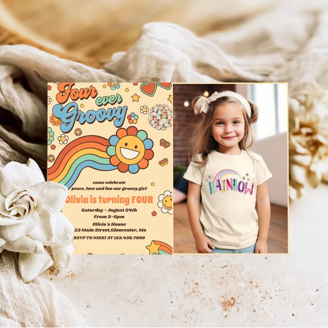 Invitation Quatre jamais Super Retro Rainbow 4th Birday Photo (Créateur téléchargé)