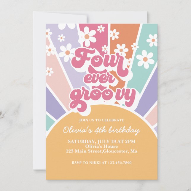 Invitation Quatre Jour Super Sunshine Rainbow Daisy Retro (Devant)