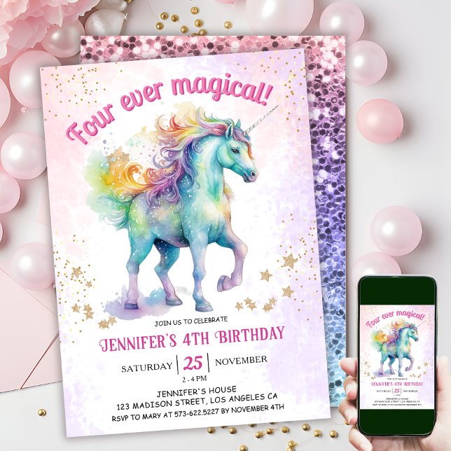 Invitation Quatre magiques | Parties scintillant Unicorn 4e a (
#UnicornBirthdayInvitation #UnicornBirthdayInvitationTemplate #UnicornBirthdayInvitationEditable )