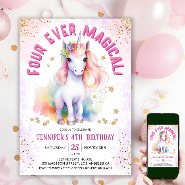 Invitation Quatre magiques | Unicorn 4e fête d'anniversaire (#UnicornBirthdayInvitation #UnicornBirthdayInvitationTemplate #UnicornBirthdayInvitationEditable )