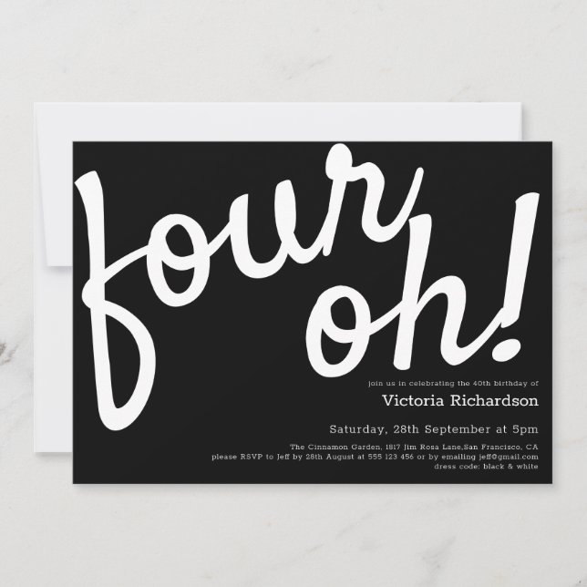 Invitation Quatre Oh ! 40e anniversaire Noir Blanc Plaisir Mi (Devant)