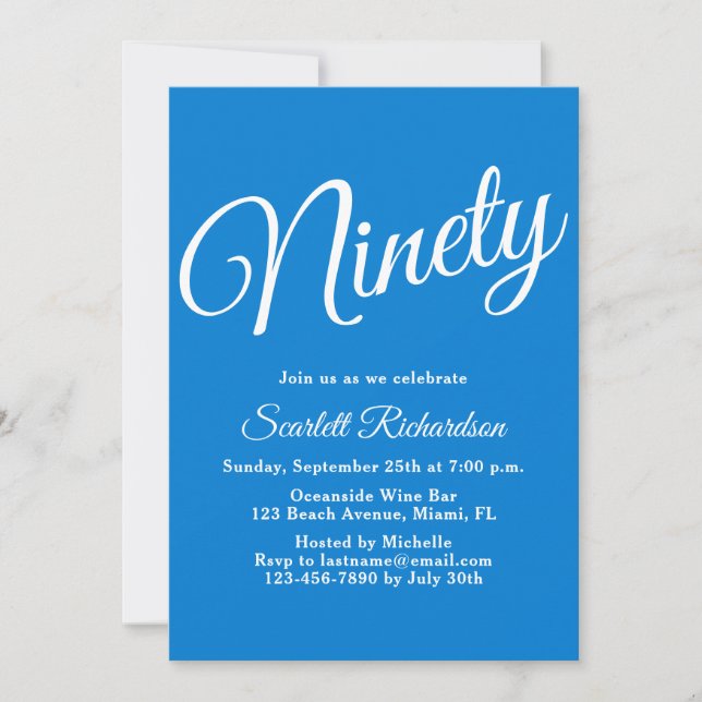 Invitation Quatre-vingt-dix moderne Script bleu 90e fête d'an (Devant)