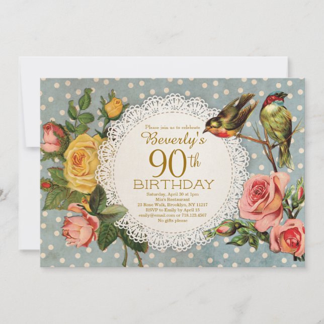 Invitation quatre-vingt-dixième Oiseaux floraux rustiques (Devant)