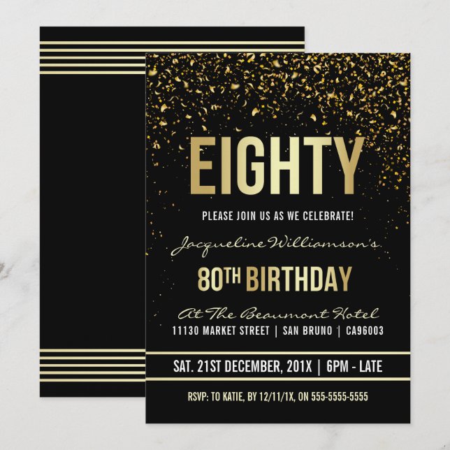 Invitation quatre-vingtième Confettis miroitants d'or de la (Devant / Derrière)
