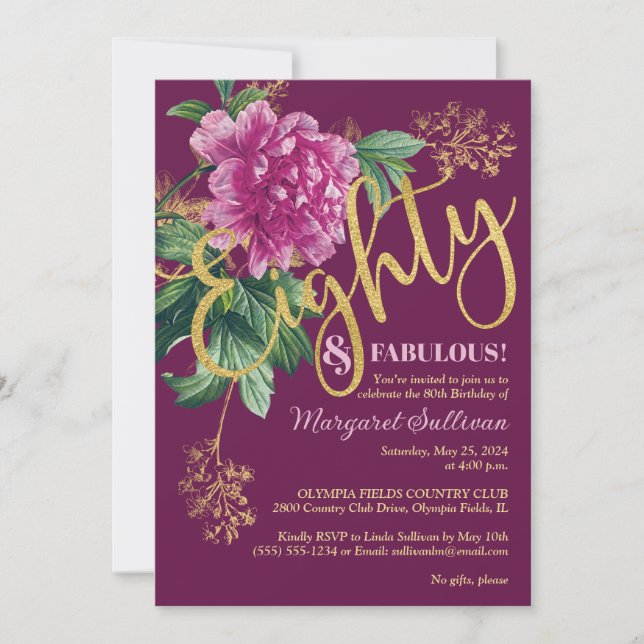 Invitation Quatre-vingts et Fabuleux Anniversaire Pivoine Ros (Devant)