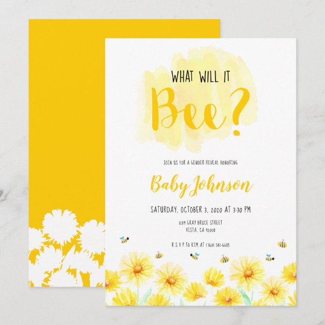 Invitation Que sera-t-il ? Genre révéler Bee thème jaune (Devant / Derrière)