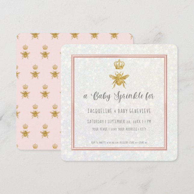 Invitation Queen Bee Parties scintillant or Couronne rose Élé (Devant / Derrière)