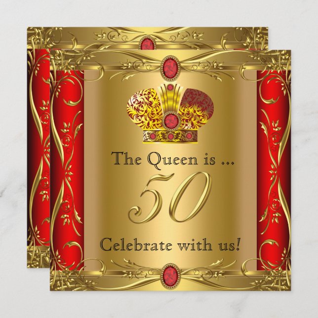 Invitation Queen King Regal Red Gold 50e fête d'anniversaire (Devant / Derrière)