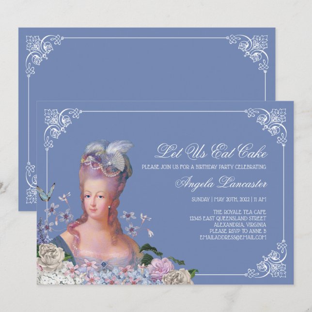 Invitation Queen Marie Antoinette Mangeons la fête du gâteau (Devant / Derrière)