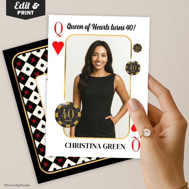 Invitation Queen of Hearts Personnalisé Anniversaire Invitati (Custom Queen of Hearts Birthday Invite with Photo, Casino Invitation)
