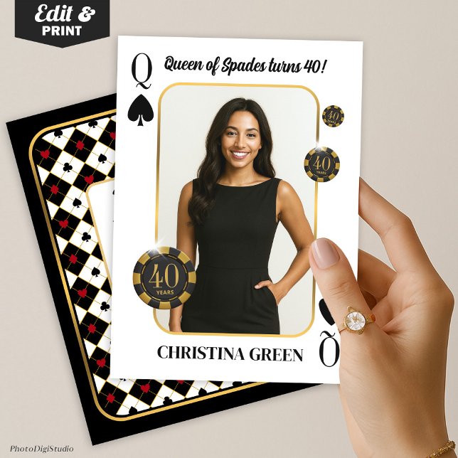 Invitation Queen of Spades Personnalisé Anniversaire Invitati (Custom Queen of Spades Birthday Invite with Photo, Casino Invitation)