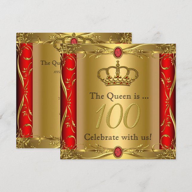 Invitation Queen ou King Regal Red Gold 100e fête d'anniversa (Devant / Derrière)